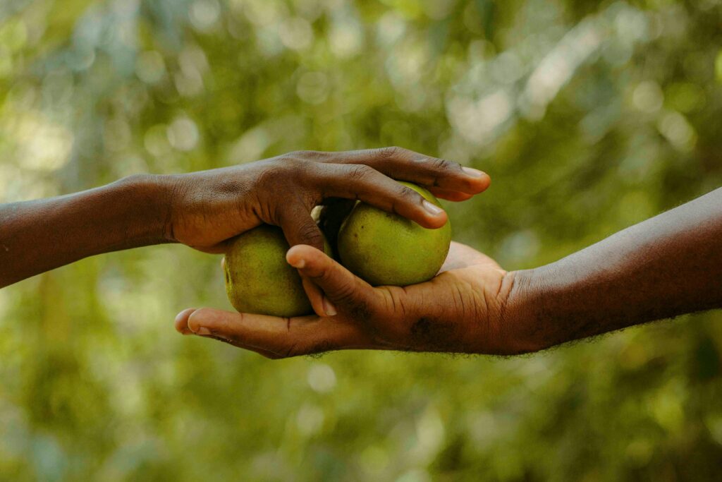 pexels-photo-31283602-31283602 Close-up of two hands exchanging fruit, symbolizing generosity and human connection.